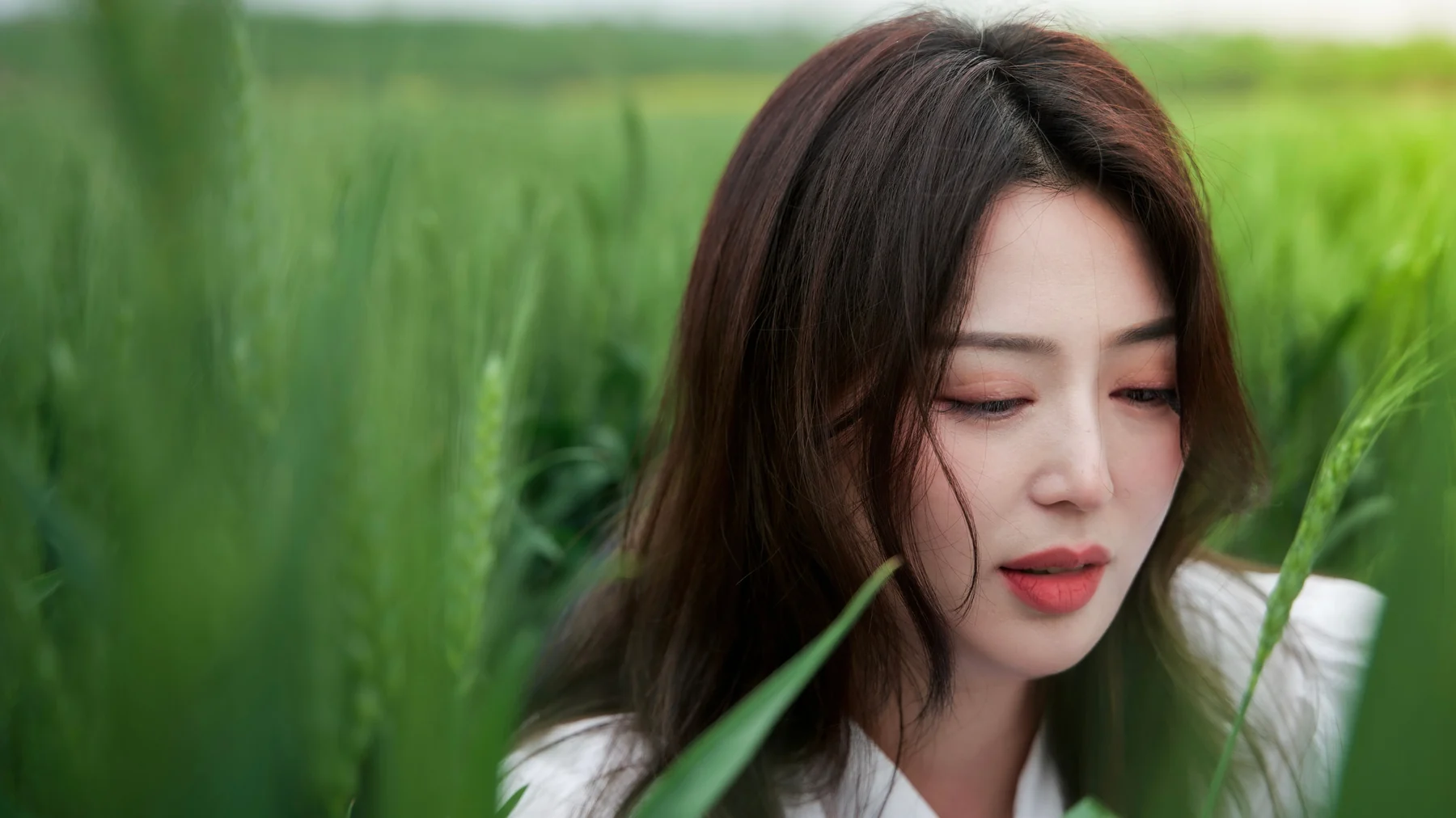 A close portrait of Lina framed by green leaves